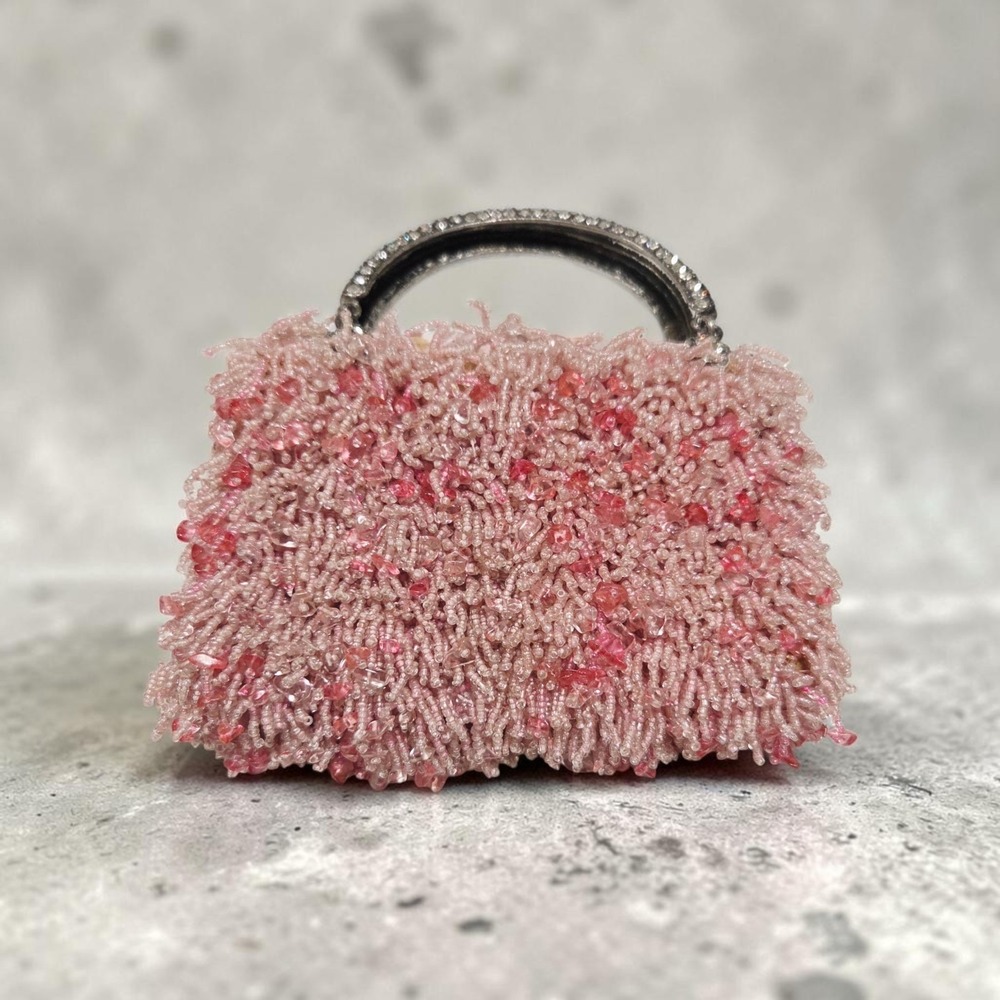 Clara Kasavina Pink Beaded Evening Bag Rhinestone Metal Handles Handmade
